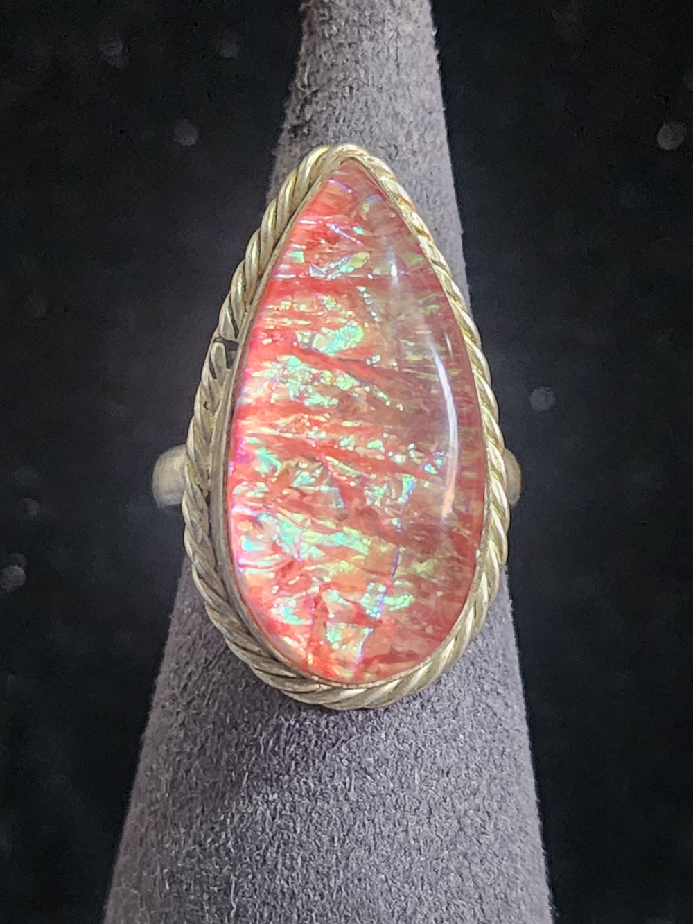 Vintage Dragon’s Breath Mexican Fire Opal Glass Statement Ring Teardrop Sz 7.5